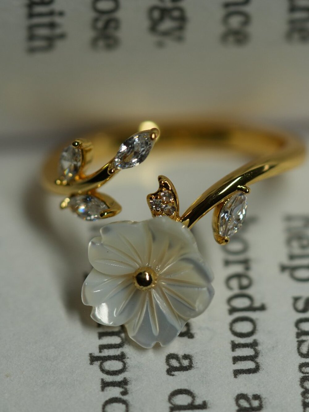 Gold Mother of Pearl Flower Ring Adjustable